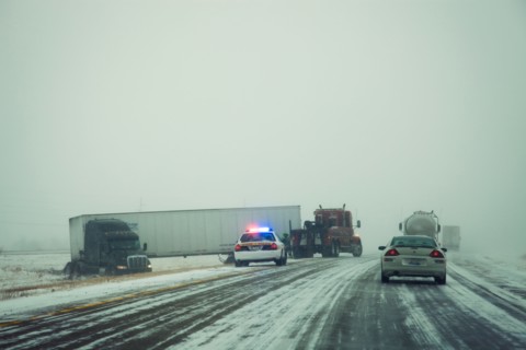USA, Illinois, Springfield, Semi truck accident on highway during storm. Photo : Henryk Sadura