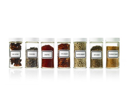 Studio shot of Jars with spices on white background. Photo : David Arky