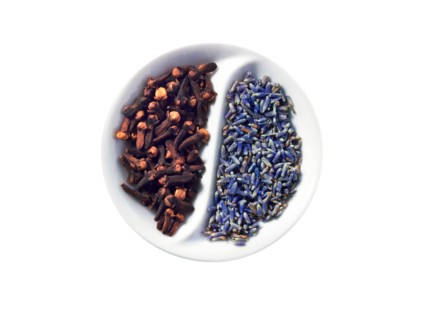 Studio shot of cloves and lavender flowers in Yin and Yang shape. Photo: David Arky