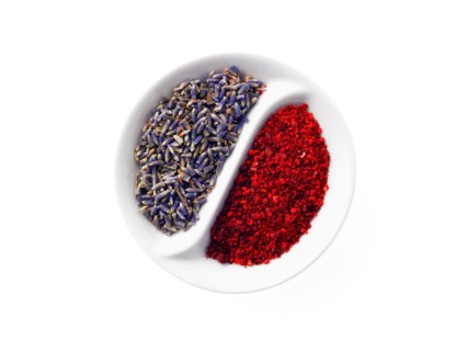 Studio shot of lavender flowers and paprika in Yin and Yang shape. Photo: David Arky