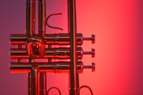 Close up of trumpet on red background. Photo : Daniel Grill