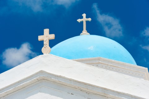 Greece, Cyclades Islands, Mykonos, Church dome with cross.