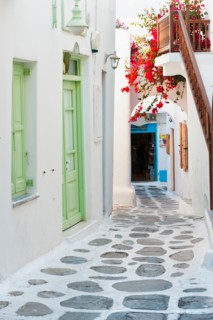 Greece, Cyclades Islands, Mykonos, Traditional building exteriors.