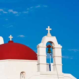 Greece, Cyclades Islands, Mykonos, Church with bell tower.