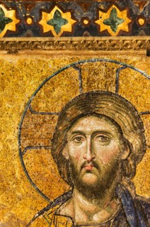 Turkey, Istanbul, Mosaic of Christ Pantocrator in Haghia Sophia Mosque .