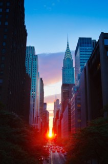 USA, New York, New York City, Chrysler Building and street at sunset.