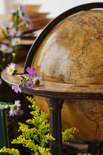 Flowers on antique globe.