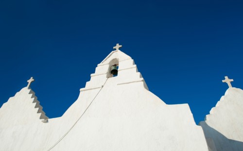 Greece, Cyclades Islands, Mykonos, Church bell tower.