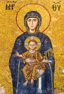 Turkey, Istanbul, Mosaic of Virgin mary holding Jesus in Haghia Sophia Mosque .