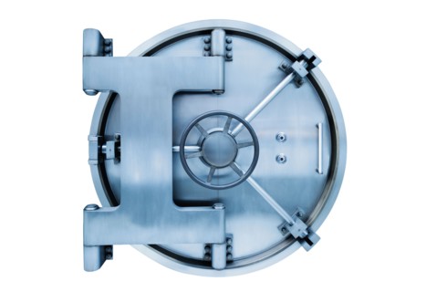 Bank vault door on white background.