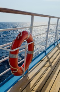 Life belt on ship at sea.