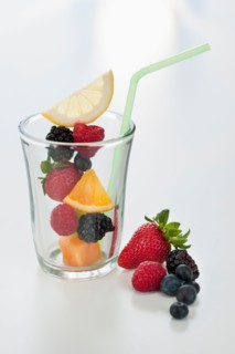 Fresh fruit salad in glass.