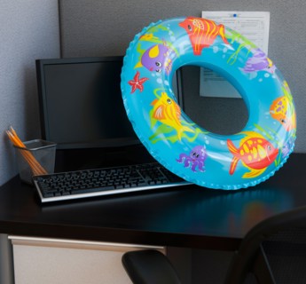 Close up of inflatable ring on office desk. Photo : Daniel Grill