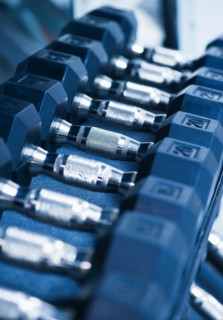Row of dumbbells in gym. Photo : Daniel Grill
