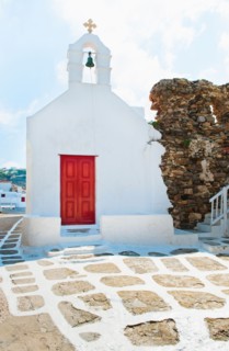 Greece, Cyclades Islands, Mykonos, Church with bell tower.