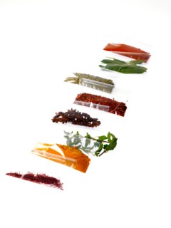 Studio shot of row of packets with spices. Photo: David Arky