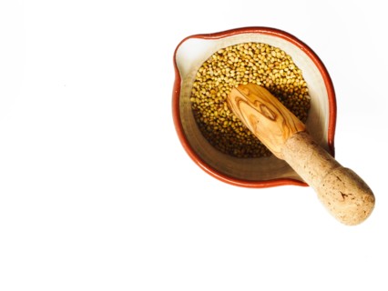 Studio shot of Mortar and Pestle with Mustard Seeds on white background. Photo : David Arky