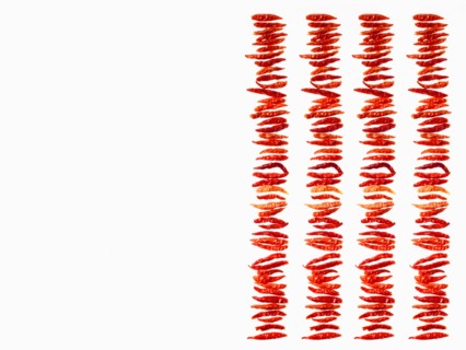Studio shot of Red Chili Peppers on white background. Photo : David Arky
