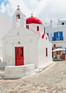 Greece, Cyclades Islands, Mykonos, Church with bell tower.