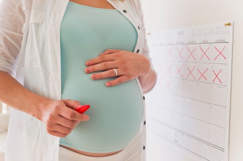 Young pregnant woman with marked calendar.