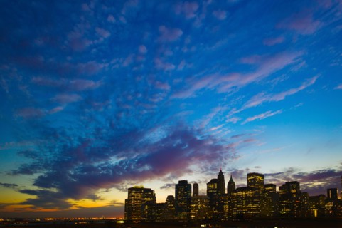 USA, New York City skyline at dusk.