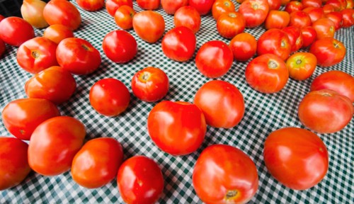 Tomatoes on table.