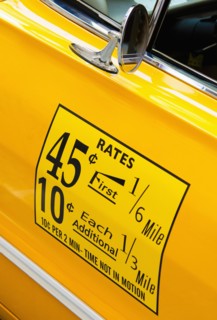 USA, New York State, New York City, Close-up of antique taxi.