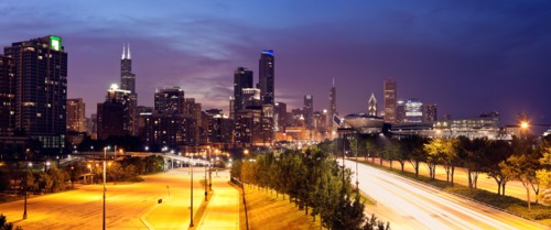 USA, Illinois, Chicago, View from the south: Soldier Field and Lake Shore Drive. Photo : Henryk