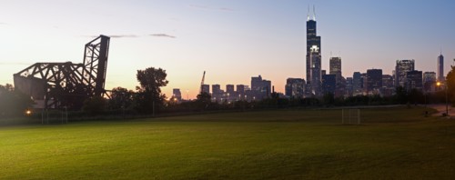 USA, Illinois, Chicago, View from the south side with old bridge on Chicago River on the left.