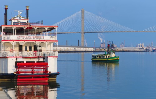 USA, Georgia, Savannah, Talmadge Bridge and ferry.