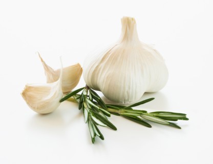 Studio shot of fresh garlic and rosemary.