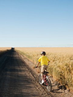 Boy (8-9) cycling along dirt road.