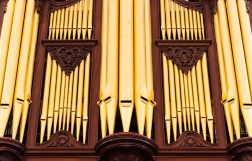 USA, South Carolina, Charleston, Close up of church pipe organs.