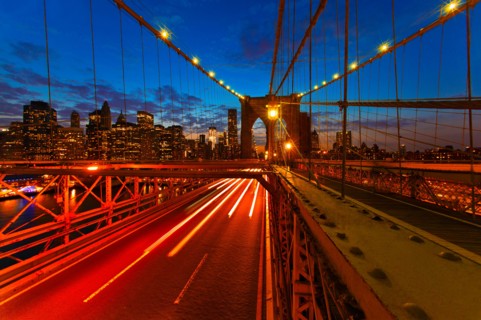 USA, New York State, New York City, Brooklyn Bridge at dusk.