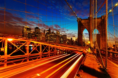 USA, New York State, New York City, Brooklyn Bridge at dusk.