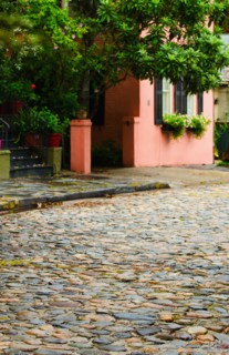 USA, South Carolina, Charleston, Old cobblestone street.