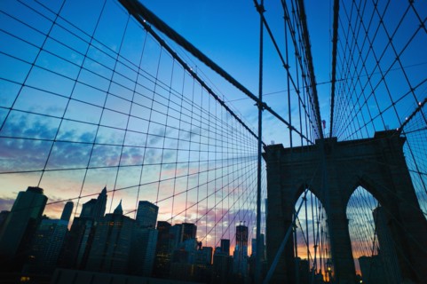 USA, New York State, New York City, Brooklyn Bridge at dusk.