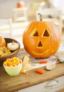 Halloween pumpkin on table.