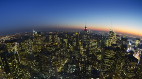 USA, New York City, Manhattan skyline at dusk.