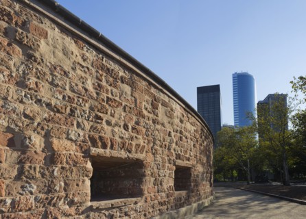 USA, New York State, New York City, View of Clinton Castle with skyscrapers on background.