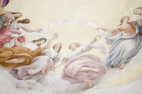 USA, Washington DC, Capitol Building, Close up of fresco on ceiling. Photo: Jamie Grill