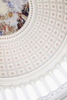 USA, Washington DC, Capitol Building, Close up of fresco and coffers on ceiling. Photo: Jamie Grill
