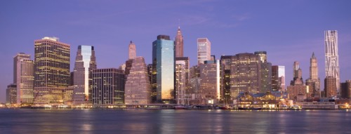 USA, New York State, New York City, City skyline at dusk. Photo: fotog
