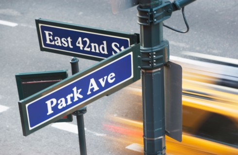 USA, New York City, Manhattan, Road direction sign at crossroads of 42nd Street and Park Avenue.
