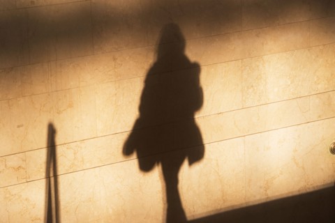 Shadow of female pedestrian on sunlit wall. Photo : fotog