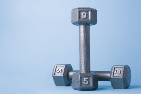 Studio shot of metal dumbbells. Photo : Kristin Lee