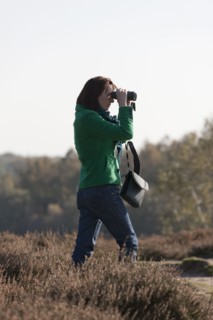The Netherlands, Veluwezoom, Posbank, Woman in countryside looking through binoculars. Photo : Jan