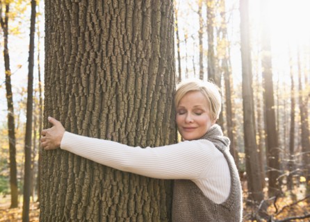 USA, New Jersey, Smiling woman hugging tree in Autumn forest. Photo : Tetra Images