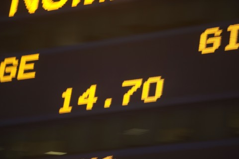 Usa, New York State, New York City, Times Square, Stock Quotron, close-up of Ticker Tape Machine.