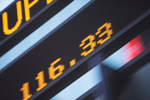 Usa, New York State, New York City, Times Square, Stock Quotron, close-up of Ticker Tape Machine.